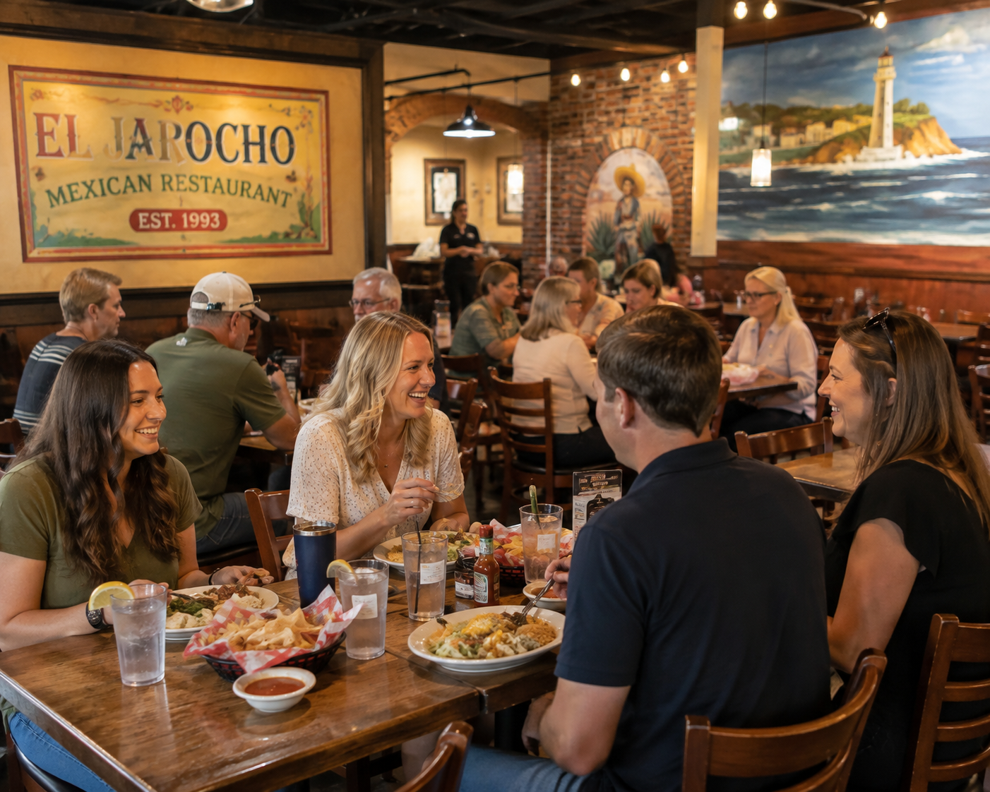 Friends enjoying food at Los Portales